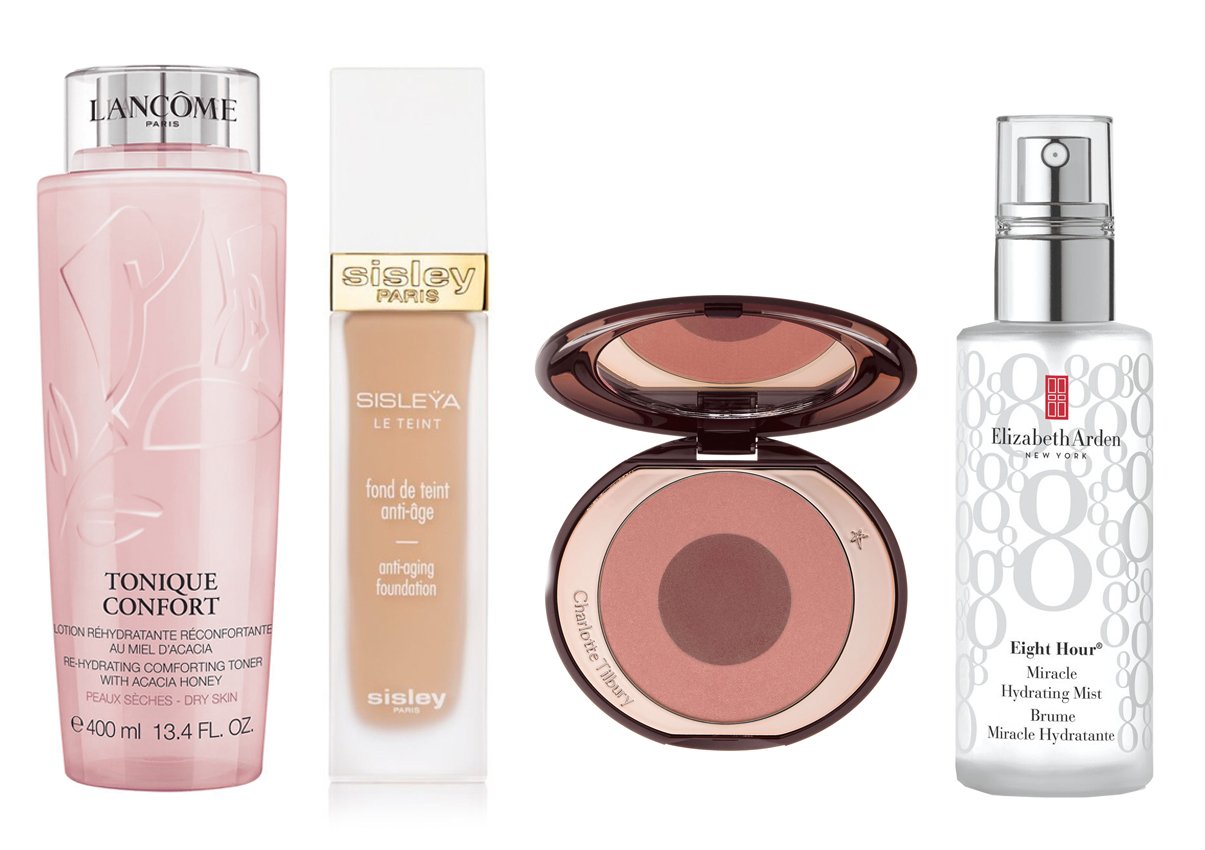 1. Tónico facial Lancôme Tonique Confort. 2.Base de maquillaje Sisleya Le Tent de Sisley Paris. 3. Blush de Charlotte Tilbury. 4. Bruma facial Eight Hour Miracle Hydrating Mist de Elizabeth Arden.