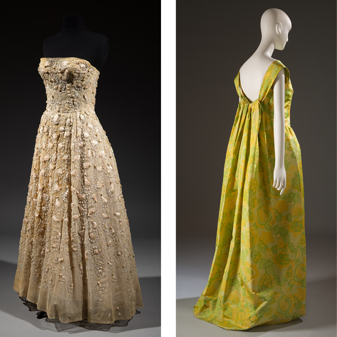 Izq.: Christian Dior, vestido de noche de seda y tul sintético. Dch.: Cristóbal Balenciaga, traje de noche, tafetán de seda estampado verde y amarillo de Abraham.