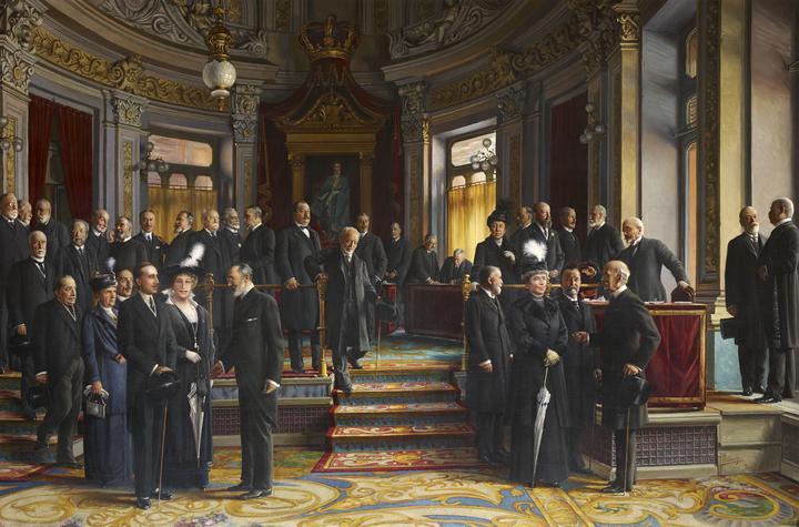Visita al Banco de España de los reyes Alfonso XIII y Victoria Eugenia el 28 de mayo de 1915. Cuadro de Asterio Mañanós