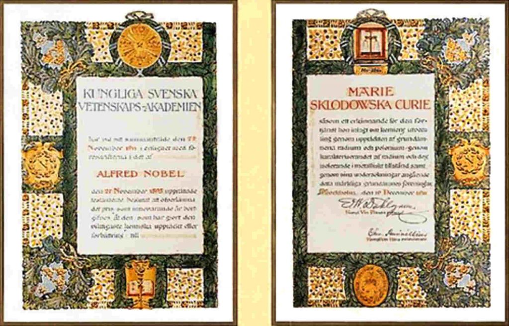 Diploma del Nobel de Marie Curie antiguo