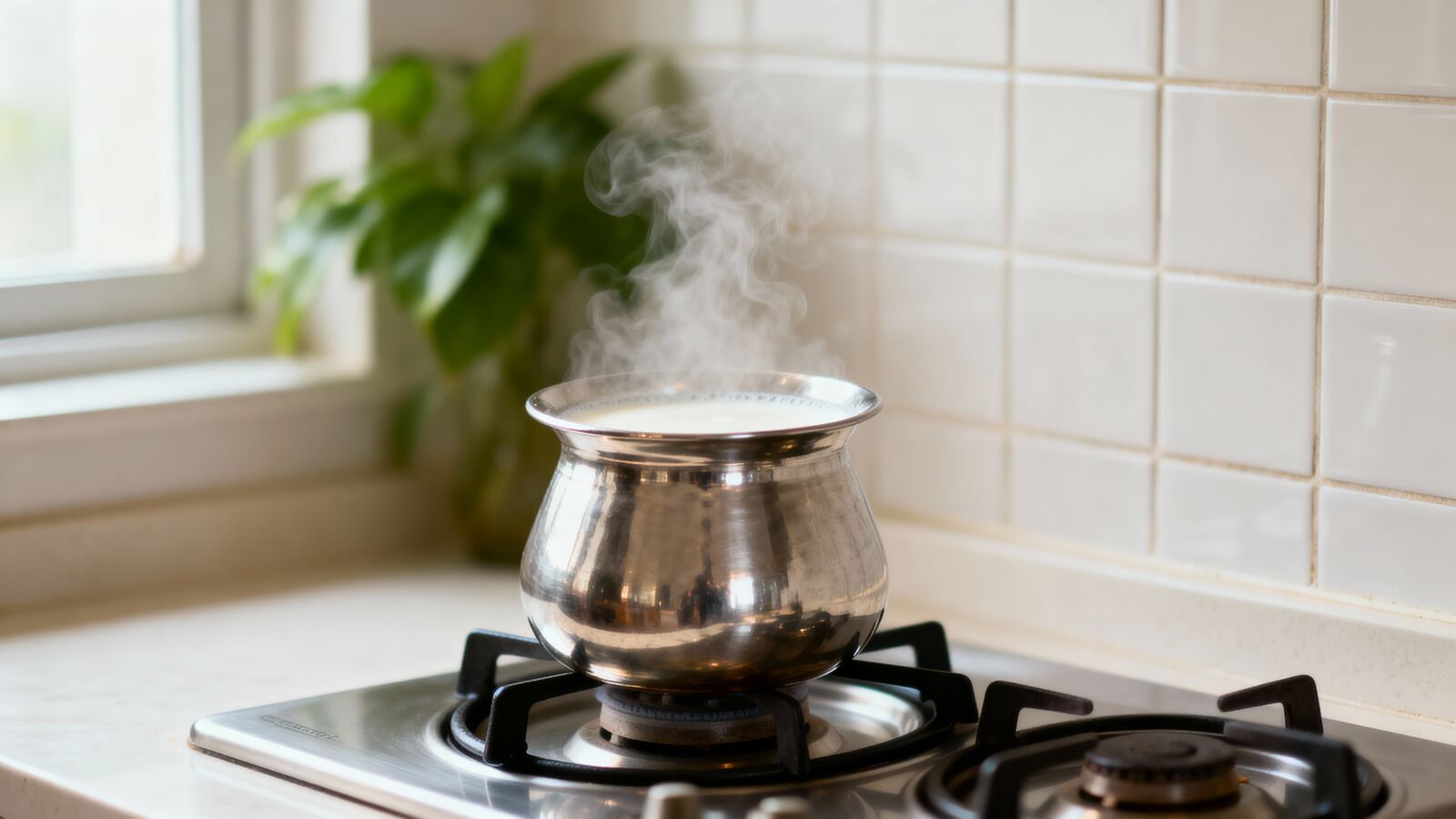 Cazuela con leche para hacer chocolate healthy