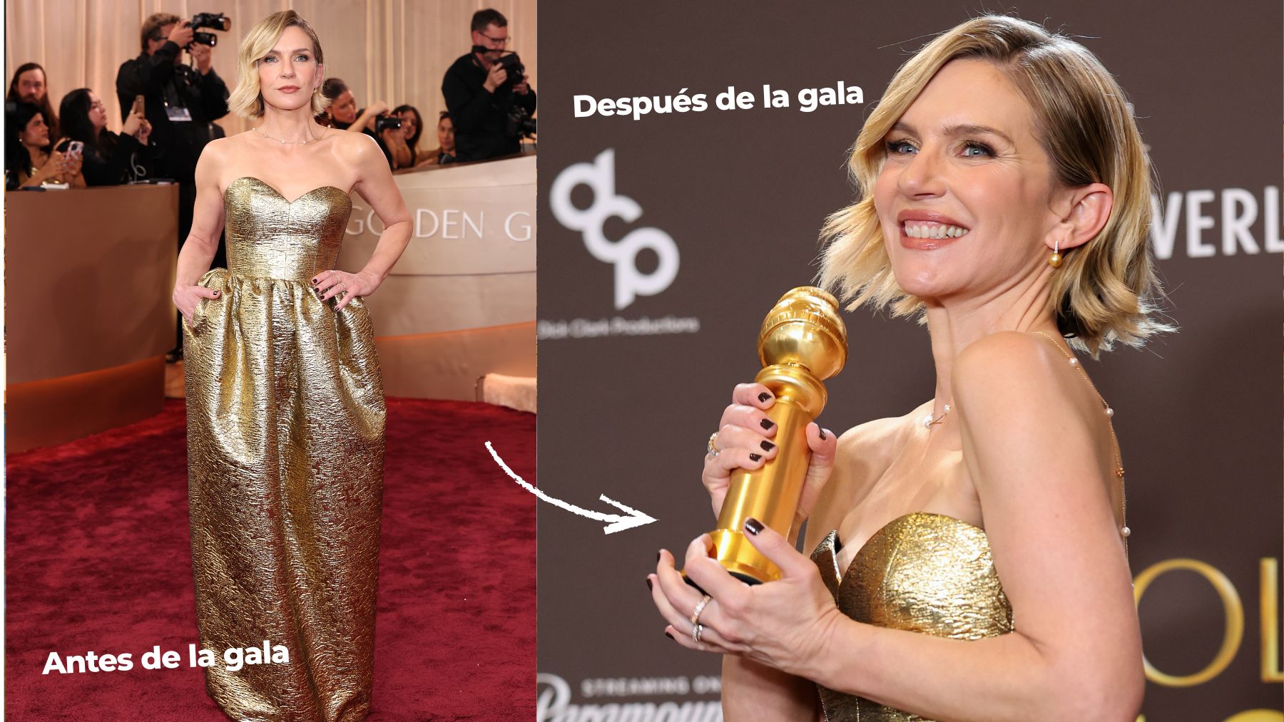 El vestido profético de Rhea Seehorn: en oro, corte globo… sabía que ganaría el Globo de Oro (obvio)