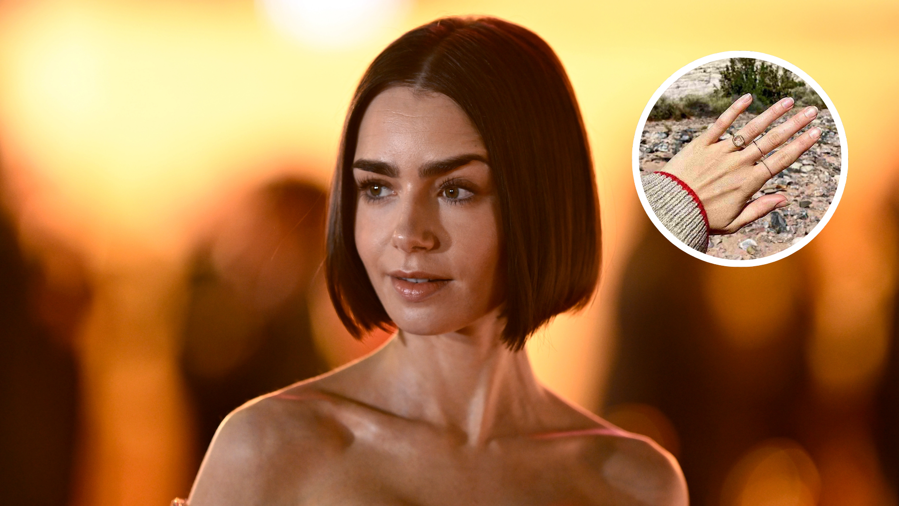 Lily Collins con su anillo de compromiso