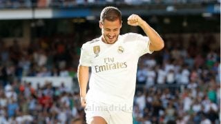 Eden Hazard celebra su primer gol con el Real Madrid, frente al Granada (Getty).