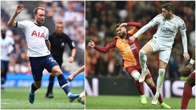 Eriksen y Valverde, durante sendos partidos (AFP).