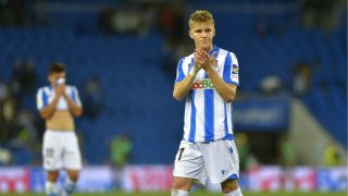 Odegaard, durante un partido de la Real. (AFP)