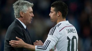 Ancelotti y James, durante su etapa en el Real Madrid, antes de reencontrarse en el Bayern (Getty)