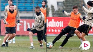 Benzema y Jovic, durante el entrenamiento de este jueves del Real Madrid. (realmadrid.com)
