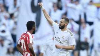 Benzema celebra su gol al Atlético de Madrid en el derbi. (AFP)