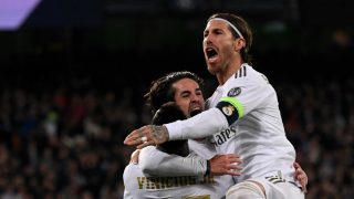 Ramos, Isco y Vinicius celebran el gol del Real Madrid ante el City (AFP).