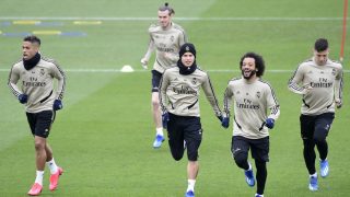 Mariano, Bale, James, Marcelo y Jovic durante un entrenamiento (AFP).