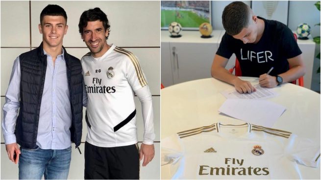 Juanma Hernández, firmando con el Real Madrid y posando junto a Raúl.