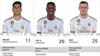 Asensio, Vinicius y Bale, con sus nuevos dorsales.