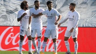 Benzema, Hazard y Asensio celebran un gol junto a Marcelo. (AFP)