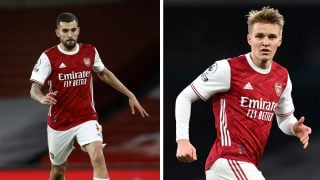 Dani Ceballos y Ödegaard en un partido con el Arsenal (Getty)