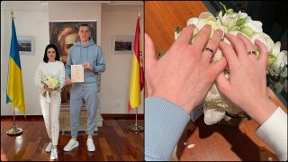 Andriy Lunin se casa en chándal con su pareja.