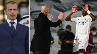 A la izquierda, Aleksander Ceferin; a la derecha, Vinicius y Zidane celebran un tanto del brasileño ante el Liverpool en Champions League (AFP)