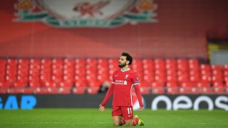 Salah celebra un gol con el Liverpool. (AFP)