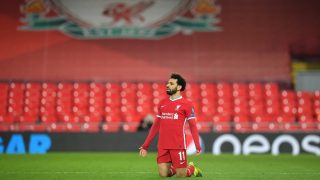 Salah celebra un gol con el Liverpool. (AFP)