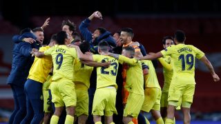 Los jugadores del Villarreal, celebran su pase a la final de la Europa League (AFP).