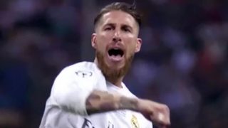 Sergio Ramos celebra un gol con el Real Madrid.