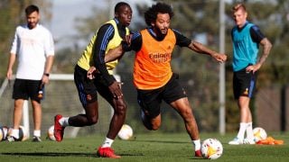 Ferland Mendy y Marcelo, durante un entrenamiento del Real Madrid (Realmadrid.com).