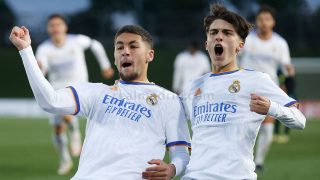 ÓScar Aranda celebra un gol con el Real Madrid en la Youth League (Realmadrid.com).