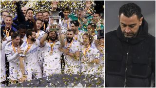 Los jugadores del Real Madrid celebran la Supercopa de España a la izquierda y, a la derecha, Xavi pensativo.