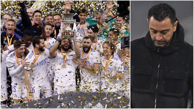Los jugadores del Real Madrid celebran la Supercopa de España a la izquierda y, a la derecha, Xavi pensativo.