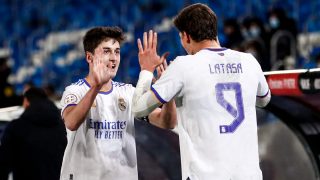 Dotor y Latasa celebran uno de los goles del Castilla. (Real Madrid)