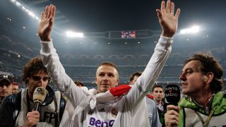 David Beckham celebra la Liga del Real Madrid en 2007.