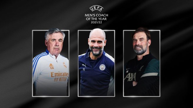 Ancelotti, Klopp y Guardiola, finalistas a Mejore Entrenador del año. (UEFA)