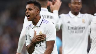 Rodrygo tras anotar un gol con el Real Madrid (Getty)