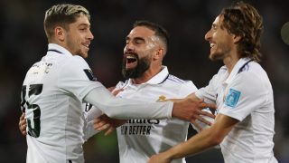 Carvajal, Valverde y Modric celebran un gol. (AFP)