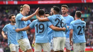 Los jugadores del Manchester City celebran uno de los goles en Wembley (Getty)