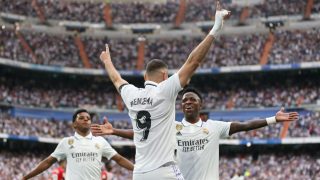 Karim Benzema celebra su último gol con el Real Madrid. (Getty)