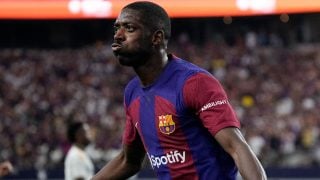 Dembélé celebra su gol ante el Real Madrid (AFP)