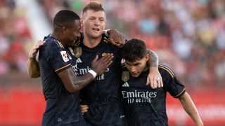 Kroos, Alaba y Fran García celebran un gol. (AFP)