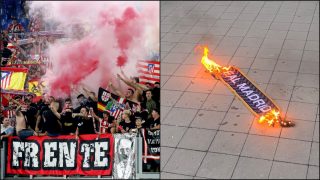 Ultras del Atlético de Madrid junto a una bufanda ardiendo del Real Madrid