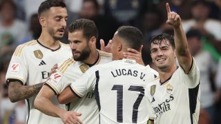 La plantilla del Real Madrid celebra un gol ante Las Palmas (AFP)