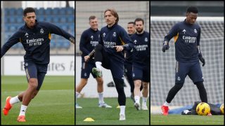 Bellingham, Modric y Vinicius durante un entrenamiento.