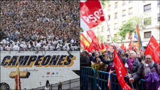 La celebración de la Liga quintuplica en asistentes la manifestación en apoyo a Pedro Sánchez. (EFE/Europa Press)