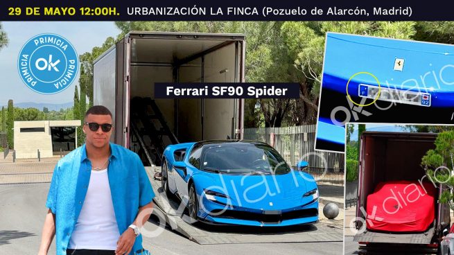 Fotos exclusivas de la mudanza de Mbappé a ‘La Finca’: así llegó su Ferrari SF90 de 500.000 euros
