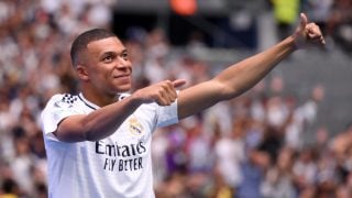 Kylian Mbappé en la presentación como nuevo jugador del Real Madrid. (Getty)