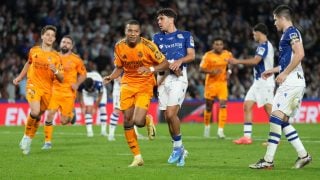 Mbappé celebra el 0-2 del Real Madrid ante la Real Sociedad. (Getty)