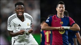 Vinicius y Lewandowski celebran un gol con Real Madrid y Barcelona esta temporada.