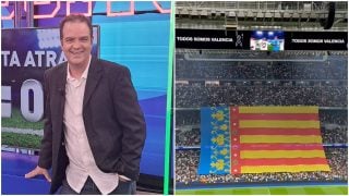 Kike Mateu y la bandera que mostró el Real Madrid ayer.