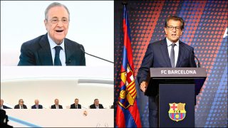 Florentino Pérez en la Asamblea y Toni Friexa, ex directivo culé.