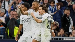 Mbappé celebra un gol con Fran García y Rodrygo. (Getty)