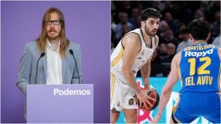 Pablo Fernández, portavoz de Podemos, y Campazzo en un Real Madrid-Maccabi. (EP)